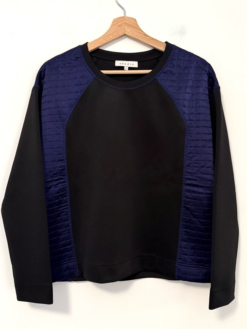 Sandro Paris Black Navy Quilted Panel Sweatshirt Top Size 3 US Large
